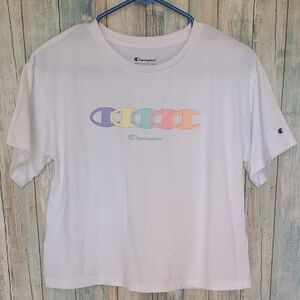Champion White Tee with Pastel Logo Crop Top